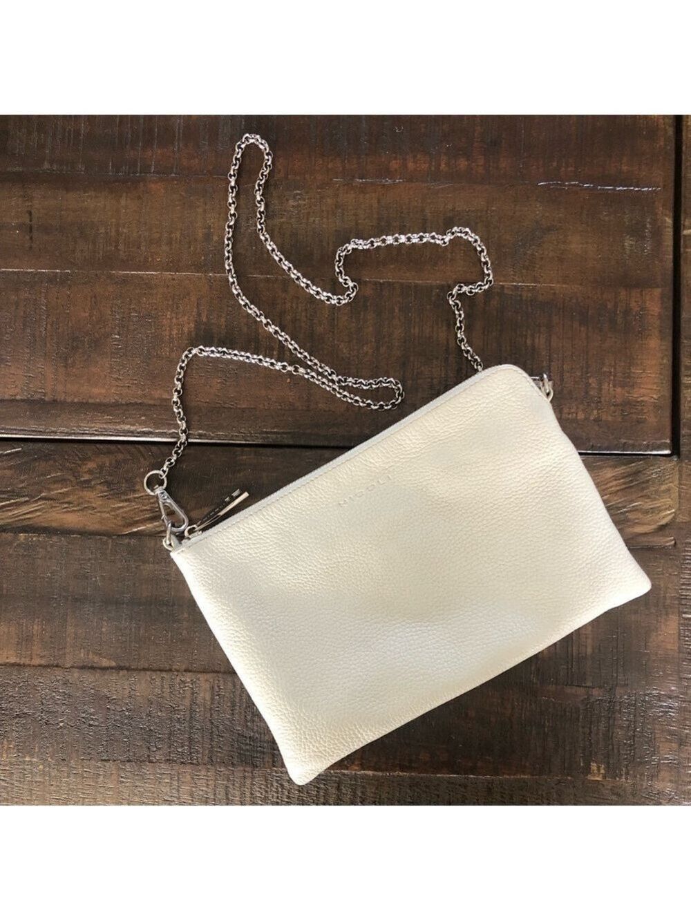 Nicoli Italian Crossbody Bag Winter White Pebbled Leather Silver Chain Strap